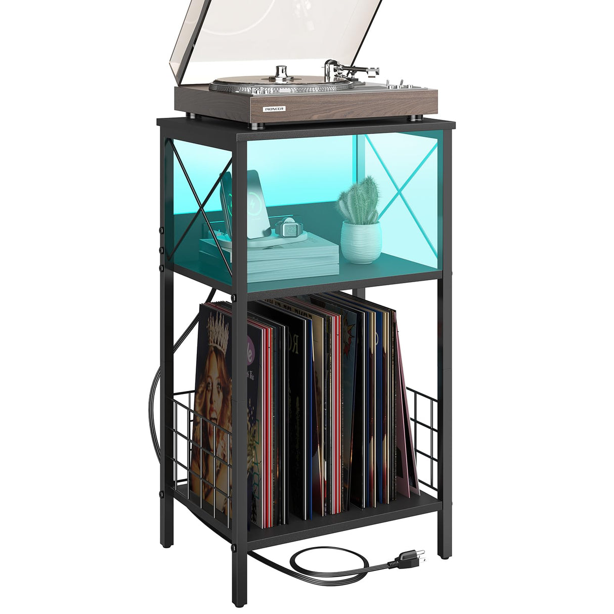 3 Tiers End Table with Charging Station,LED Side Table Turntable Stand for Vinyl Storage, Records Shelf for Albums, Vinyl Holder Shelf Records Player Stand for Living Room, Bedroom Black WoodArtSupply