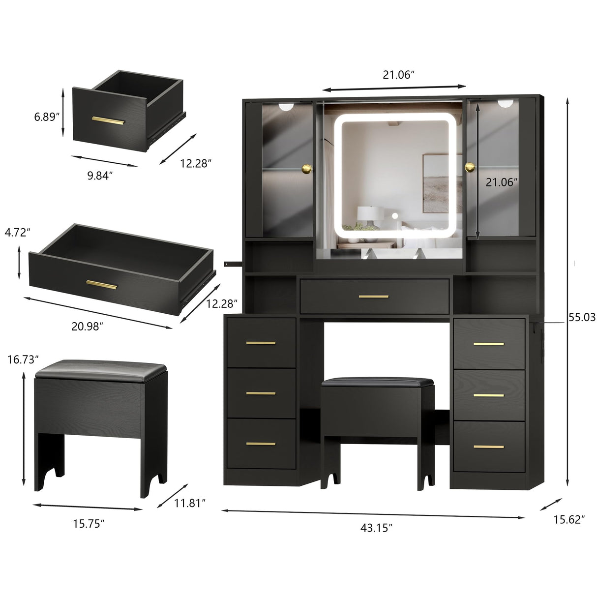 BORNOON Makeup Vanity with LARGE Lighted Mirror and Chair, 7 Drawers Vanity Makeup Desk Table with Power Strip, Adjustable Lighting, and Cushioned Storage Stool for Women, Girls, Teens, and Home Decor BORNOON
