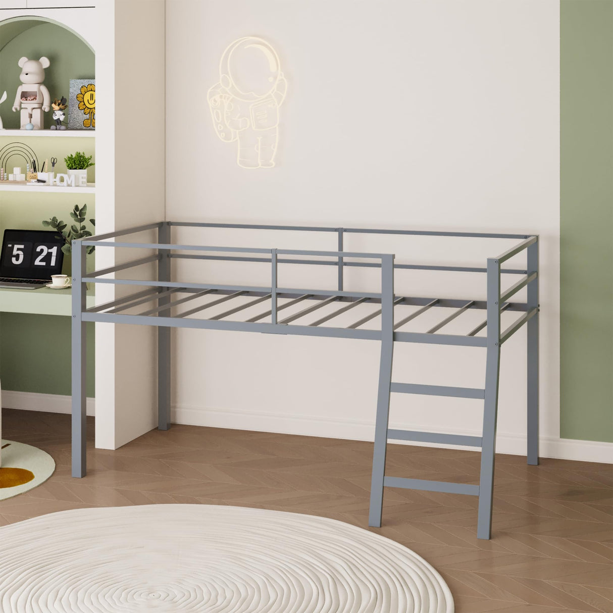 Lutown-Teen Low Metal Twin Loft Bed with Ladder and Guardrail for Kids or Teens, Space Saving Loft Bed Twin Size for Small Bedroom, Grey Lutown-Teen