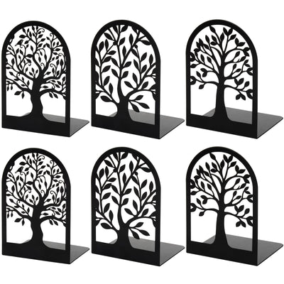HappyHapi Book Ends, Metal Bookends for Shelves Decorative, Tree Stopper for Heavy Books, Black Ends to Hold Books for Home Office, 6.5 X 4.7 X 3.5 Inch(3 Pairs/6 Pcs, Large)