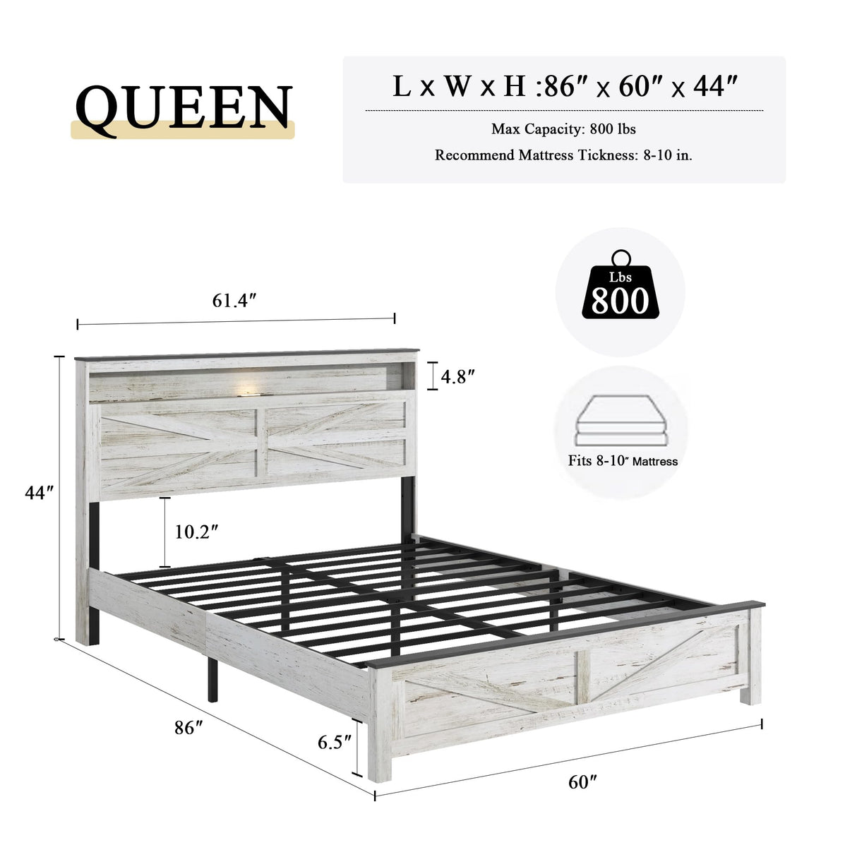 madeslves Farmhouse Wooden Bed Frame Queen Size with Storage Headboard, Boho Platform Bedframe with LED Lights and Charging Station, Metal Slats Support, No Box Spring Needed, White madeslves