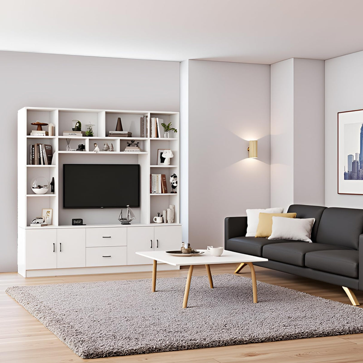 Modern TV Stand with Bookshelves, Entertainment Center with Cabinets & Storage Drawers, Fits up to 85-Inch TVs, Multifunctional Wall Unit for Living Room & Home Theater White 98.4" LSZMXI