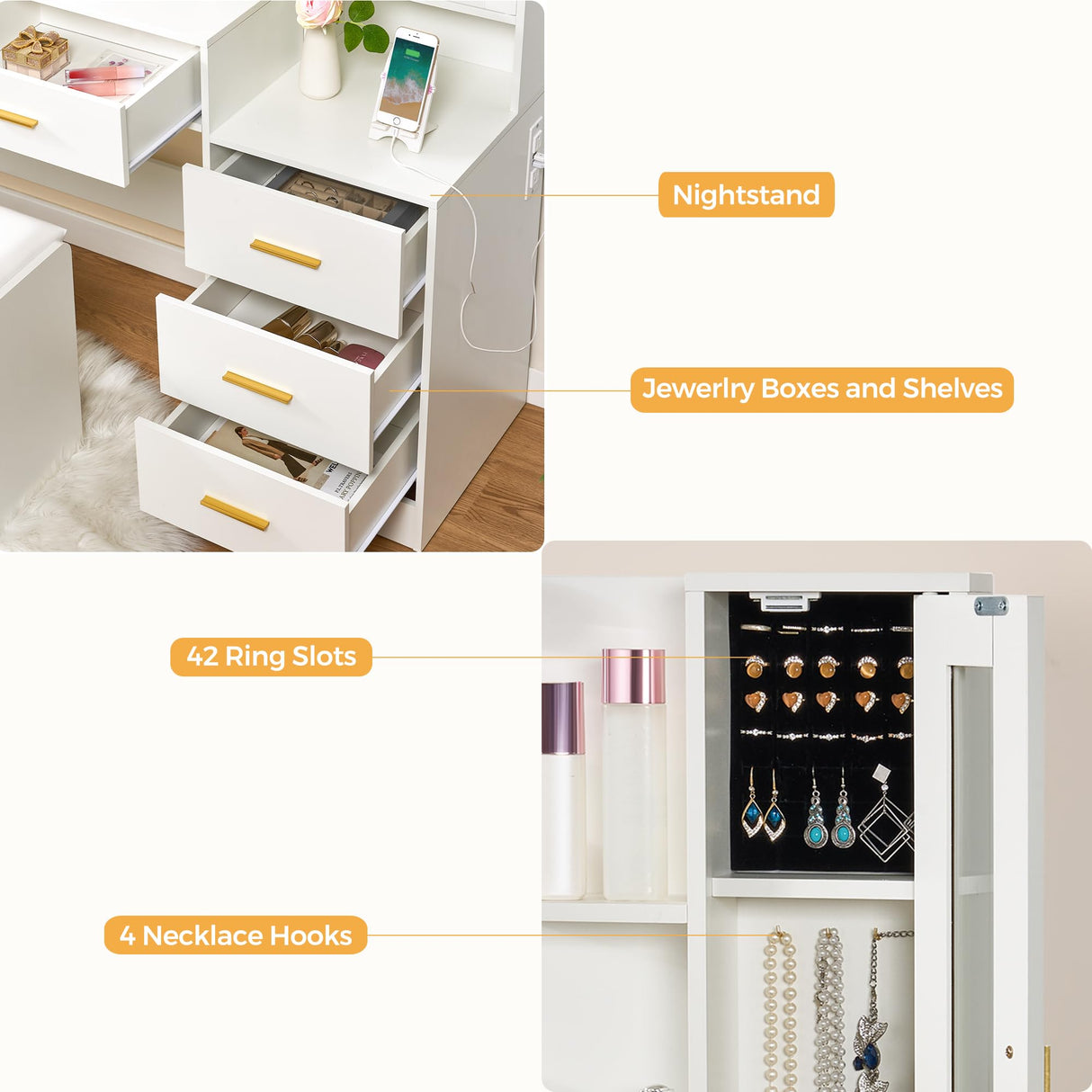 ANWBROAD Large Vanity Desk with Mirror and Lights 45.3" Makeup Vanity with Charging Station Nightstand 3 Lighting Modes Vanity Table Set with 5 Drawers Jewelry Cabinet Glass Door Bedroom White UBDT68W ANWBROAD