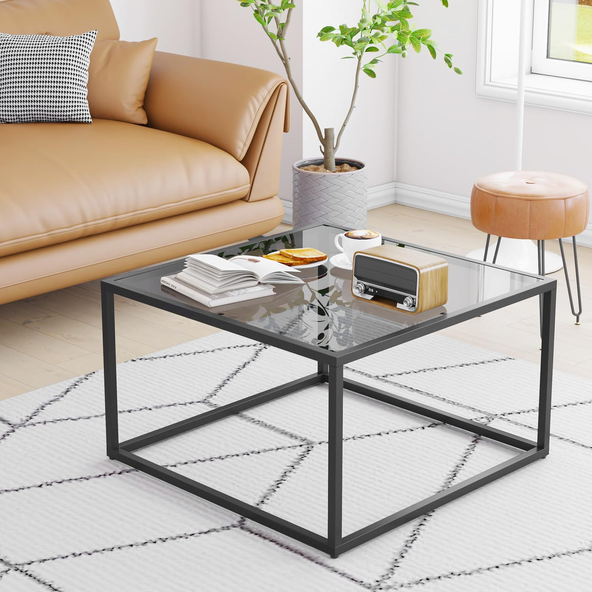 YMYNY Glass Coffee Table, Tempered Glass Square Coffee Tables with Metal Frame, Unique Modern Table for Living Room Home Office 26.77" x 26.77" x 15.75", Black Grey, UHCT001H YMYNY