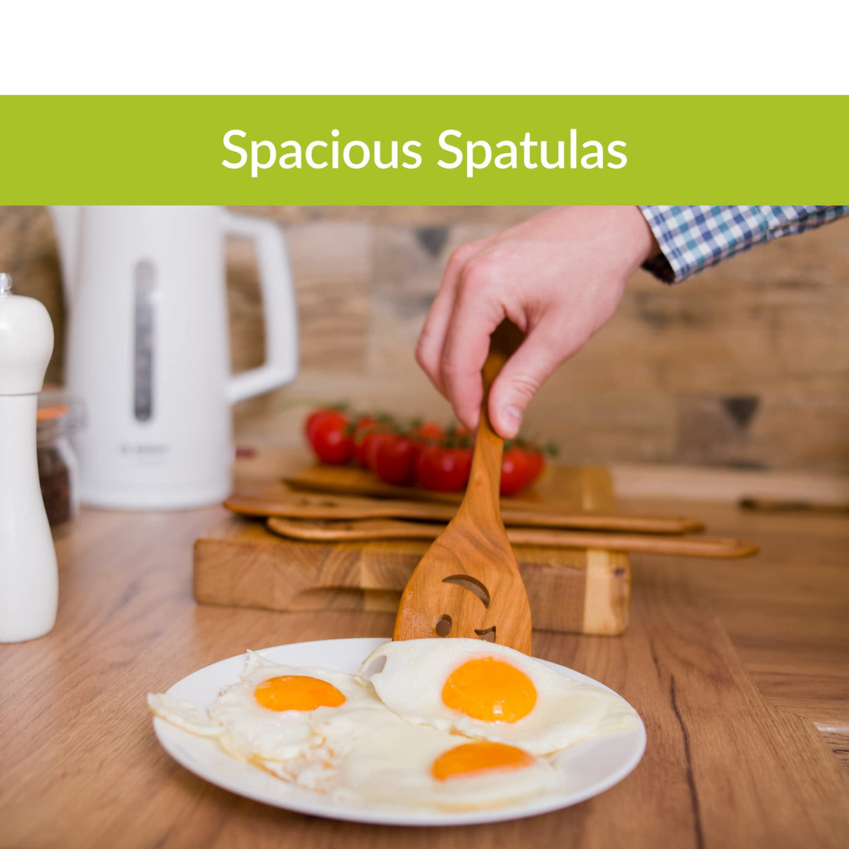MFC 5-Piece Wooden Cooking Spoons - Kitchen Spatula Set from Natural Cherry Wood - Wooden Spoons for Cooking - Funny Wooden Utensil Set with Smiley Faces - Cooking Multipurpose Wooden Utensils MyFancyCraft
