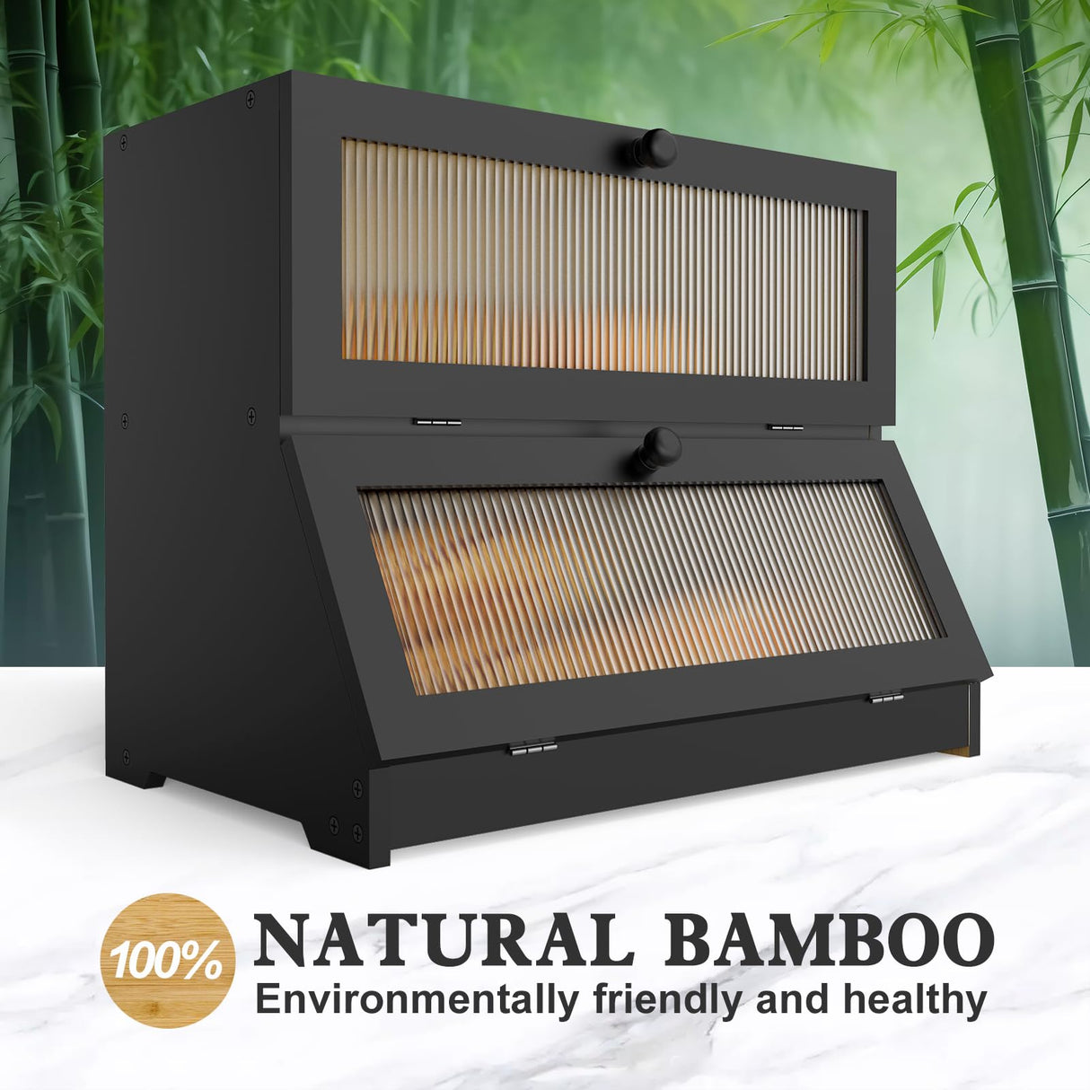 LOHASOK Double Layer Bamboo Bread Box for Kitchen Counter-Large Capacity Bread Storage Container Farmhouse Bread Box with Window Bread Holder (Black) LOHASOK