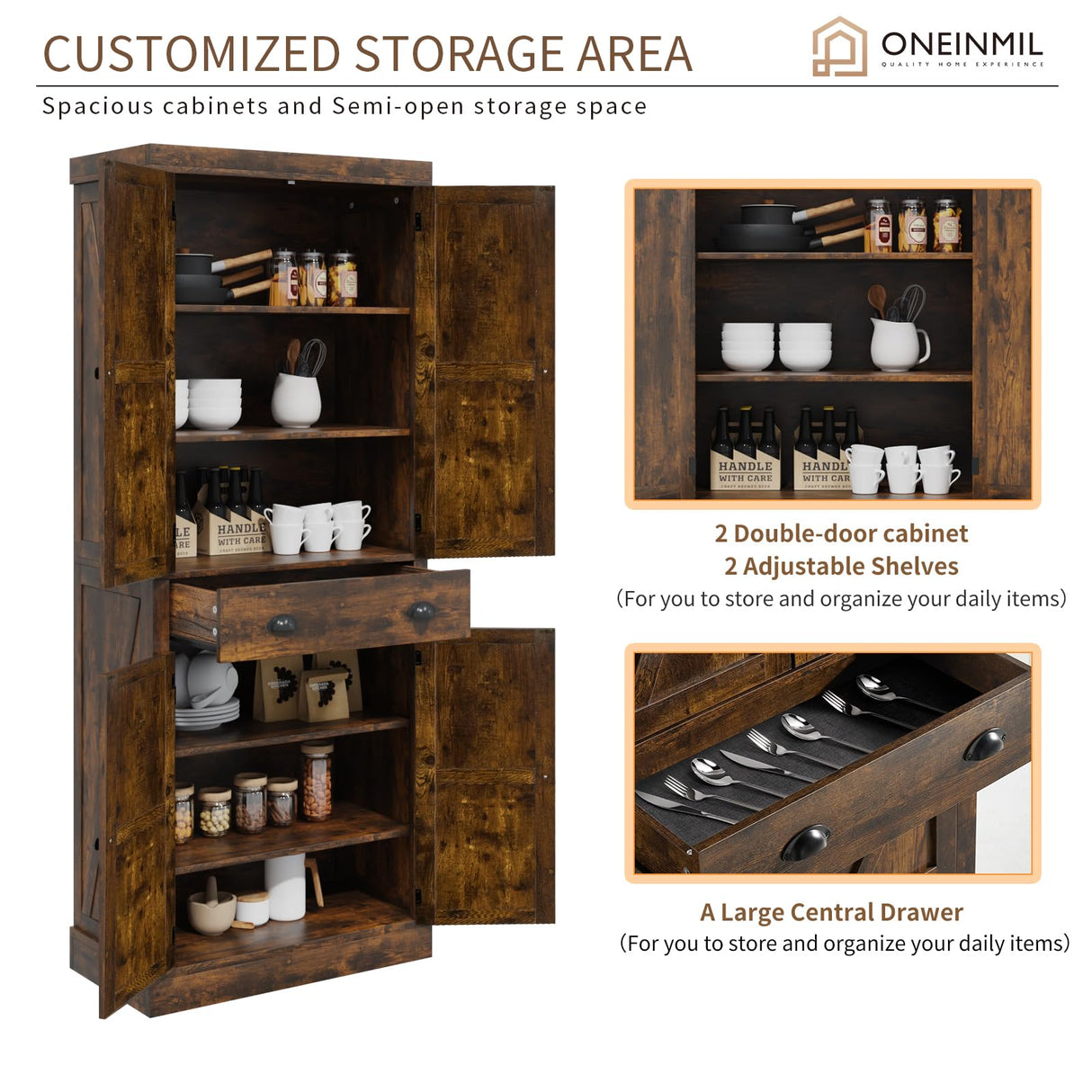 oneinmil Kitchen Pantry Storage Cabinet, 72" Freestanding Cupboard with Farmhouse Barn Doors, Adjustable Shelves & Large Drawer, Practical Sideboard, Brown oneinmil