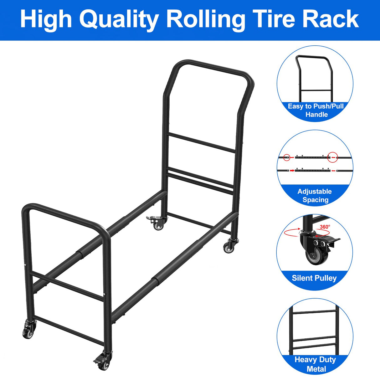 Rolling Tire Rack Adjustable,Metal Tire Storage and Transport Trailer,Heavy Duty Tire Holder,Mobile Tire Storage Shelf Cart with 4 Wheel,Garage/Workshops/Repair Shop Tire Stand Spare Tire Carrier Shinoske
