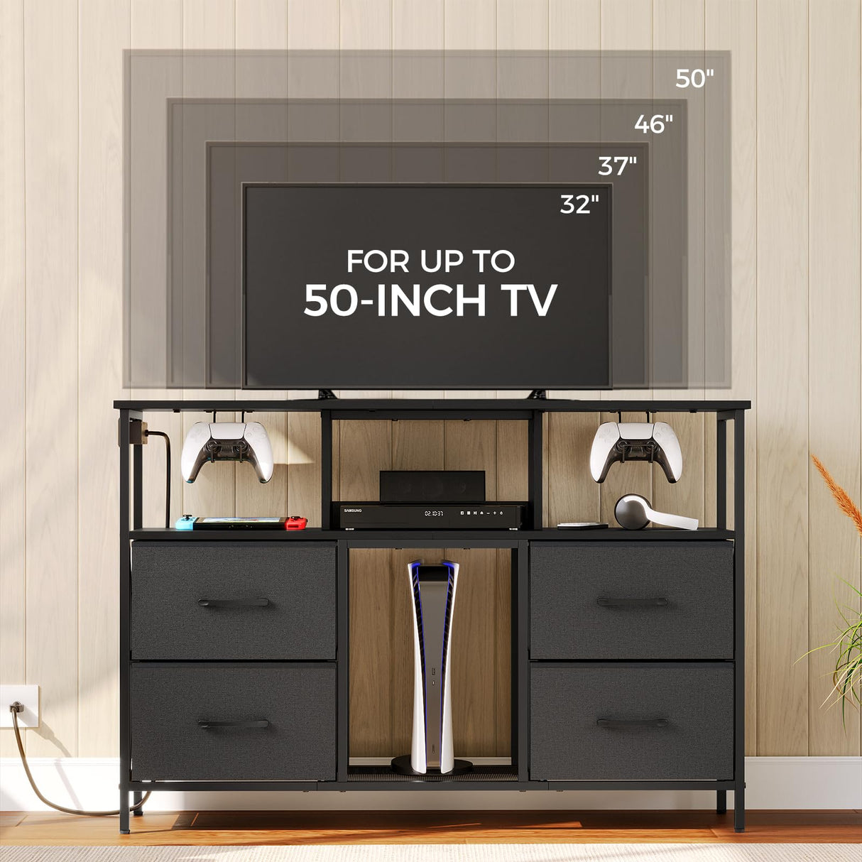 MAHANCRIS Dresser TV Stand, Entertainment Center with Power Outlets and LED Light, Media Console Table with Drawers and Open Shelves, Chest of Drawers for 50'' TV, for Living Room, Black TVHB110E01 MAHANCRIS