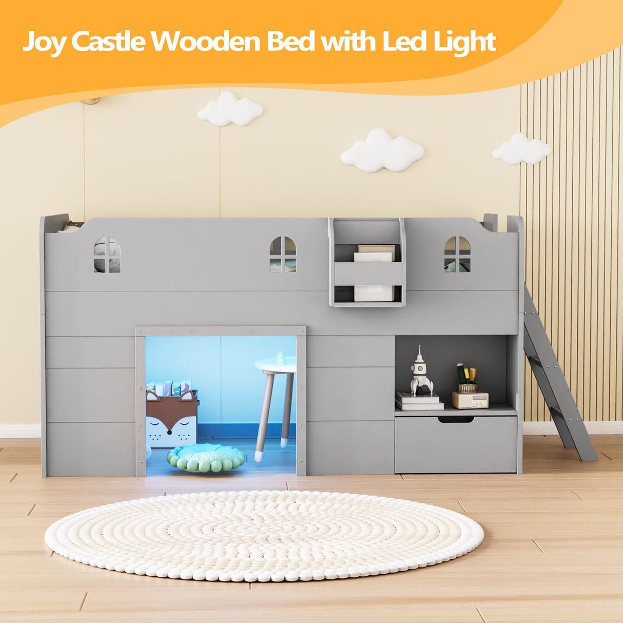 JOYMOR Loft Bed Twin Size with Led Light, Low Loft Bed with Storage Drawer, Modern Farmhouse Loft Bed with Castle Guardrail and Window, Book Rack, Smart APP Control, No Box Spring Needed (Gray) JOYMOR