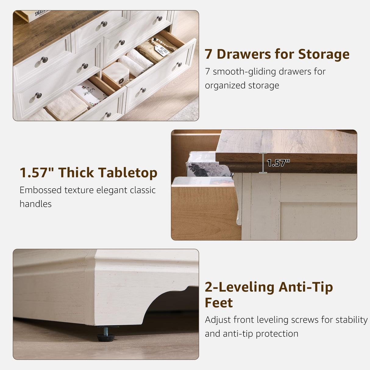 T4TREAM Farmhouse 7 Drawers Dresser for Bedroom, 54" Wide Wood Rustic Chest of Drawers w/Roman Column, Wooden Storage Dressers Organizer for Bedroom, Living Room, Closet, Antique White T4TREAM