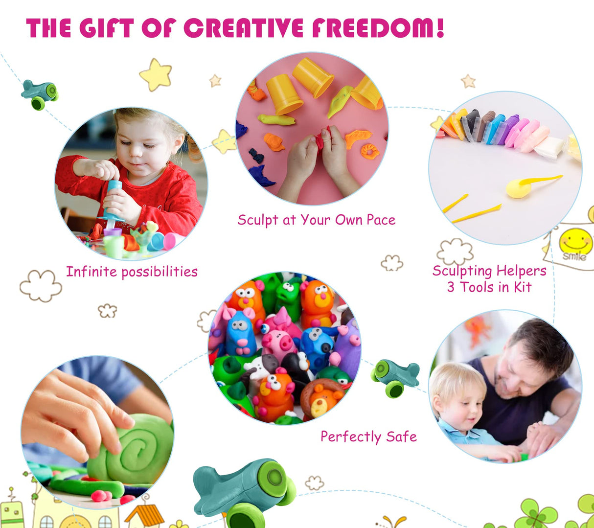 Air Dry Clay, 24 Colors Modeling Clay Kit with 3 Sculpting Tools, Magic Foam Clay for Kids and Adults, DIY Molding Clay Gift for Boys and Girls Exptolii