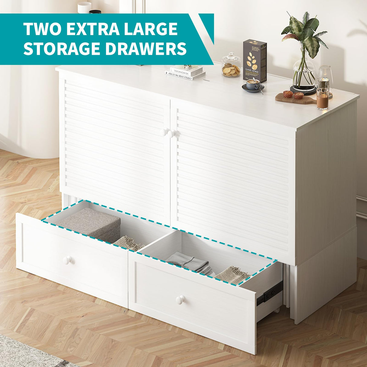 BALUS Queen Murphy Bed, Chest Murphy Beds with USB Chariging Station & Storage Drawer, Wooden Cabinet Beds with Tri Fold Mattress, Queen Hidden Bed for Living Room/Bedroom -White BALUS