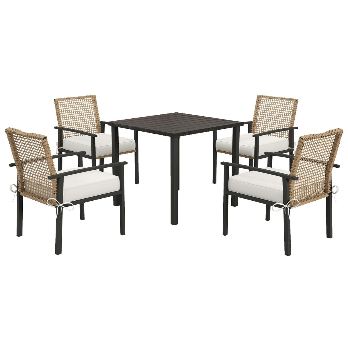 Outsunny 5 Pieces Outdoor Dining Set for 4, Wicker Rattan Patio Furniture Set, Patio Table and Chairs Set with Cushions, Square Metal Table Top, Conversation Set for Garden, Backyard, Deck, Beige Outsunny