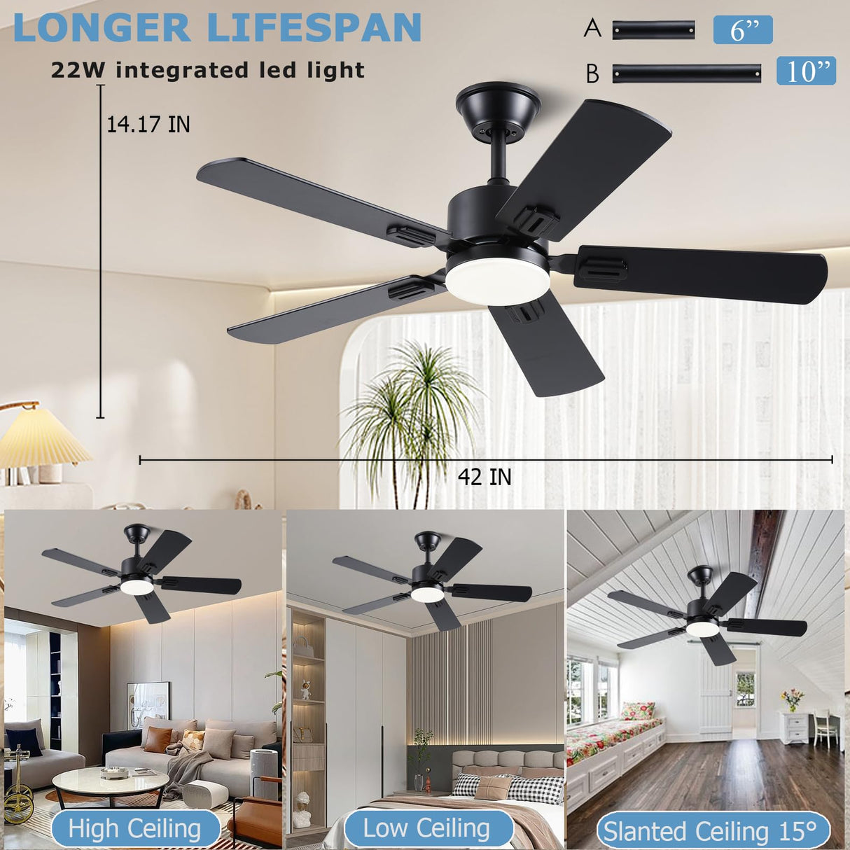 FUMLTP 42 inch Modern Ceiling Fans with Lights APP/Remote Control, Low Profile Reversible 6 Speeds Ceiling Fan Light for Indoor/Outdoor Patio Bedroom Living Room,Black FUMLTP