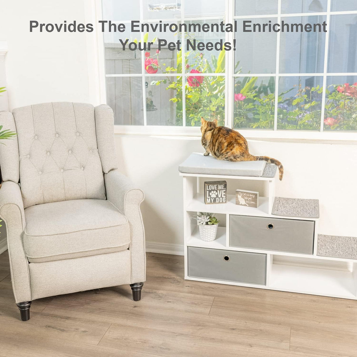 PetFusion Pet Step Window Perch Bookshelf w/ Storage Baskets 28” Tall Dog and Cat Perch, 8” Stair Height Multi-Functional Modern Furniture w/ Carpeted Step Pads & 1” Thick Premium Foam Pad PetFusion