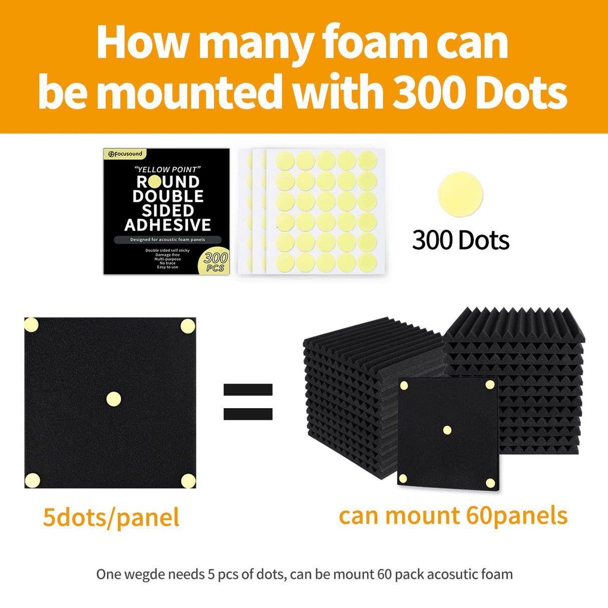 Focusound 300 Pack Yellow Point Double-Sided Adhesive Dots for Acoustic Soundproofing Foam Panels Focusound