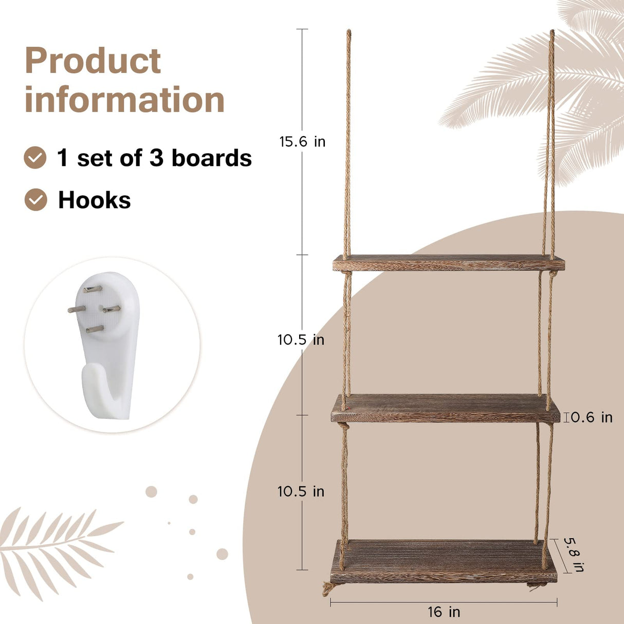 Nuanchu 2 Pieces Decorative Wall Hanging Shelves Window Shelf for Plants 3 Tier Distressed Rustic Home Decor Wood Rope Shelf Floating Indoor Wall Swing Hanging Plant Shelves for Living Room Bathroom Nuanchu