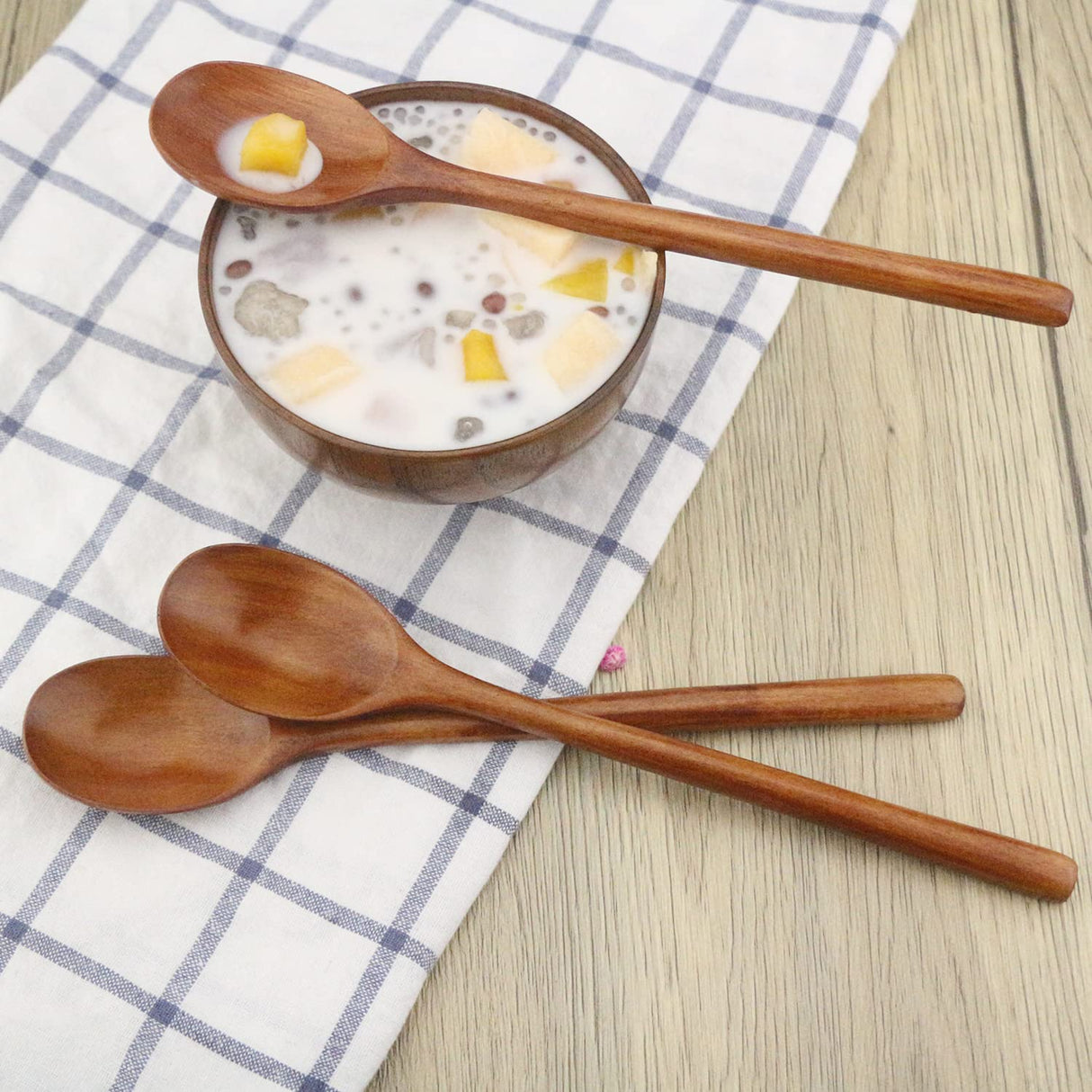 Wooden Spoons, 6 Pieces 9 Inch Wood Soup Spoons for Eating Mixing Stirring, Long Handle Spoon with Japanese Style Kitchen Utensil, ADLORYEA Eco Friendly Table Spoon ADLORYEA