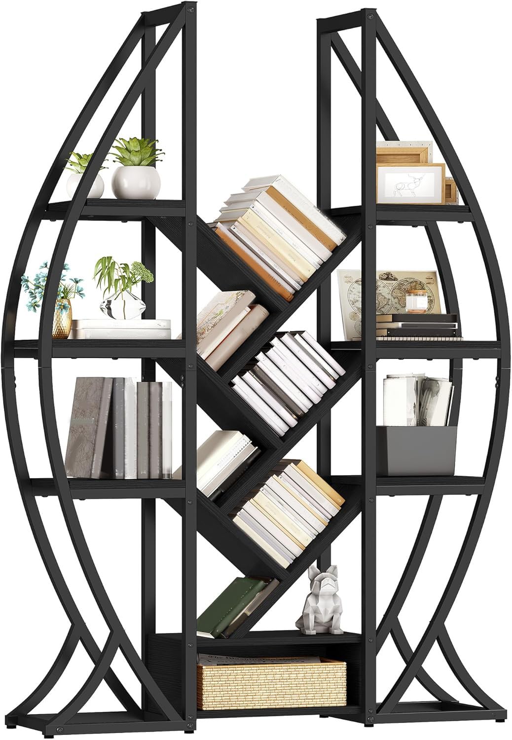 DWVO Oval Bookshelf, Triple Wide 5 Tier Etagere Bookcase, Industrial Display Shelves for Living Room, Bedroom, Home Office, Black DWVO