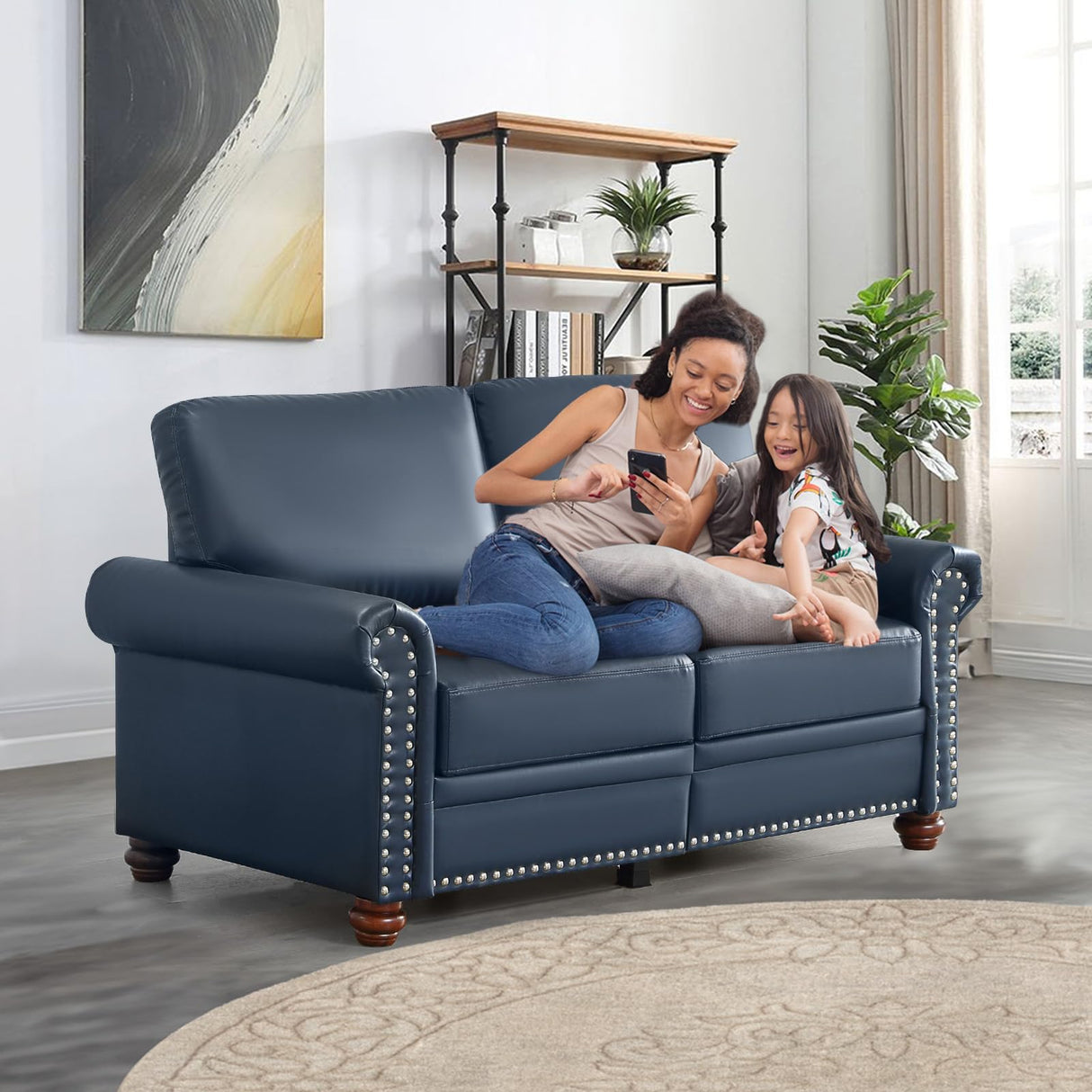 Faux Leather Loveseat Sofa, 59"W Mid Century Modern Couch with Storage, Comfy 2 Seater Sofa with Nailhead Trim & Rolled Armrests, Deep Seat Small Couch for Living Room, Apartment, Office (Navy Blue) JEEOHEY