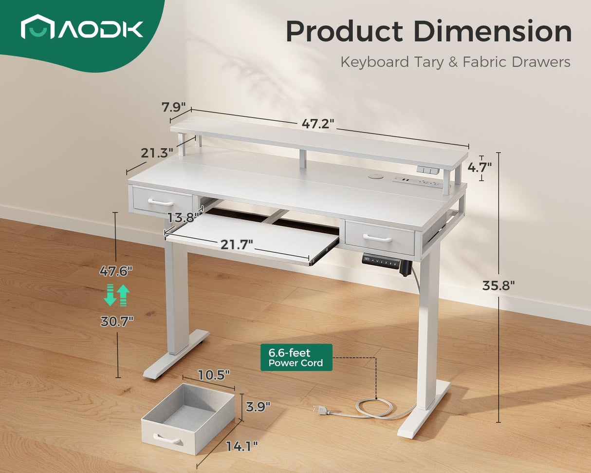 AODK White Standing Desk with 2 Drawers & Keyboard Tray and USB & LED Lights, Height Adjustable Desk 47 Inch with Power Outlets & LED Lights, Stand Up Desk with Monitor Shelf AODK