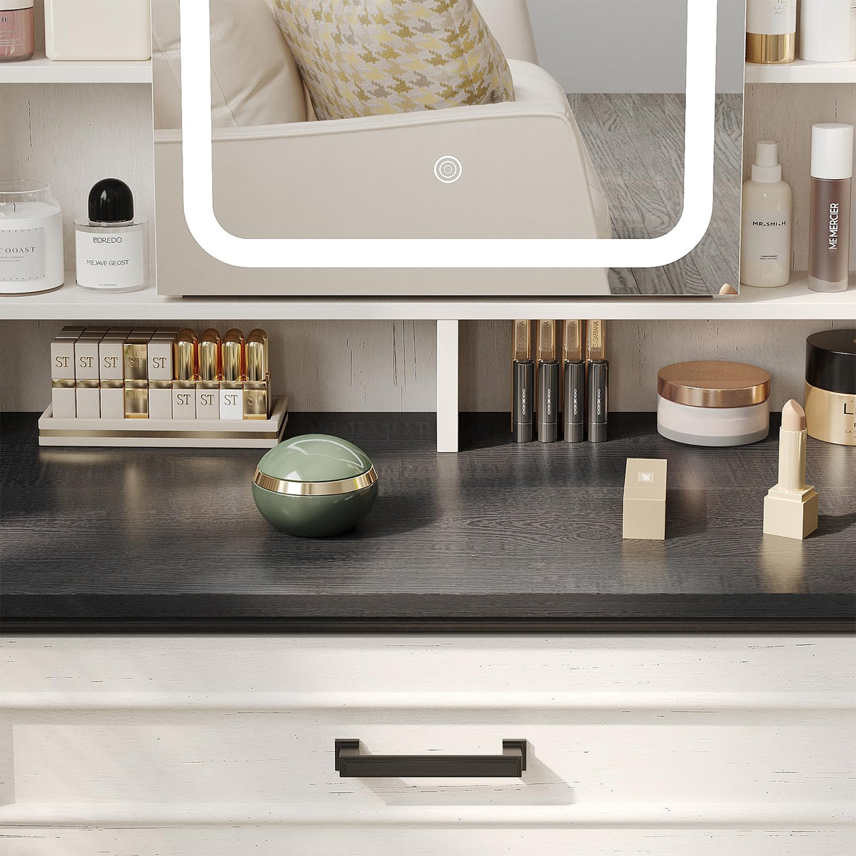 Maupvit Vanity Desk with Mirror and Lights, Makeup Vanity with 3 Drawers and Power Outlets, Farmhouse Makeup Vanity Desk with Lights, Dressing Table with Mirror for Bedroom, White Maupvit