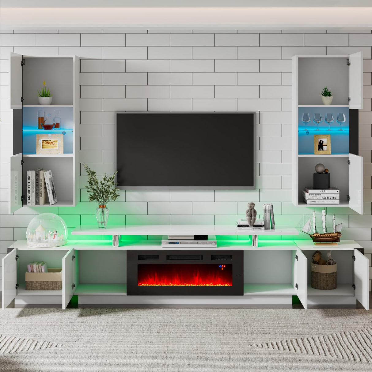 AMERLIFE Wall Unit Entertainment Center with Fireplace & Bookshelves, Includes 70" 2-Tier Fireplace TV Stand, 2 x Wall Cabinets & End Tables, Modern LED Lights TV Console for Living Room, White AMERLIFE