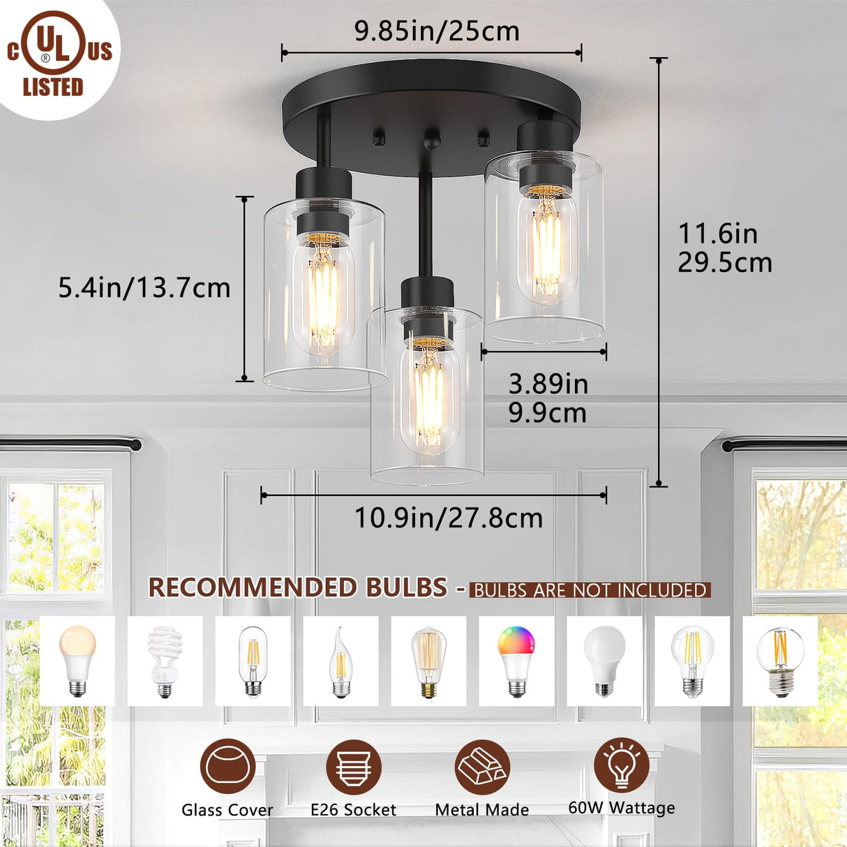 Feanron Farmhouse Flush Mount Ceiling Light, Black 3-Light Hallway Light Fixtures Ceiling with Clear Glass Shades, Light Fixtures Ceiling Mount for Kitchen Living Room Foyer, E26 Base Feanron