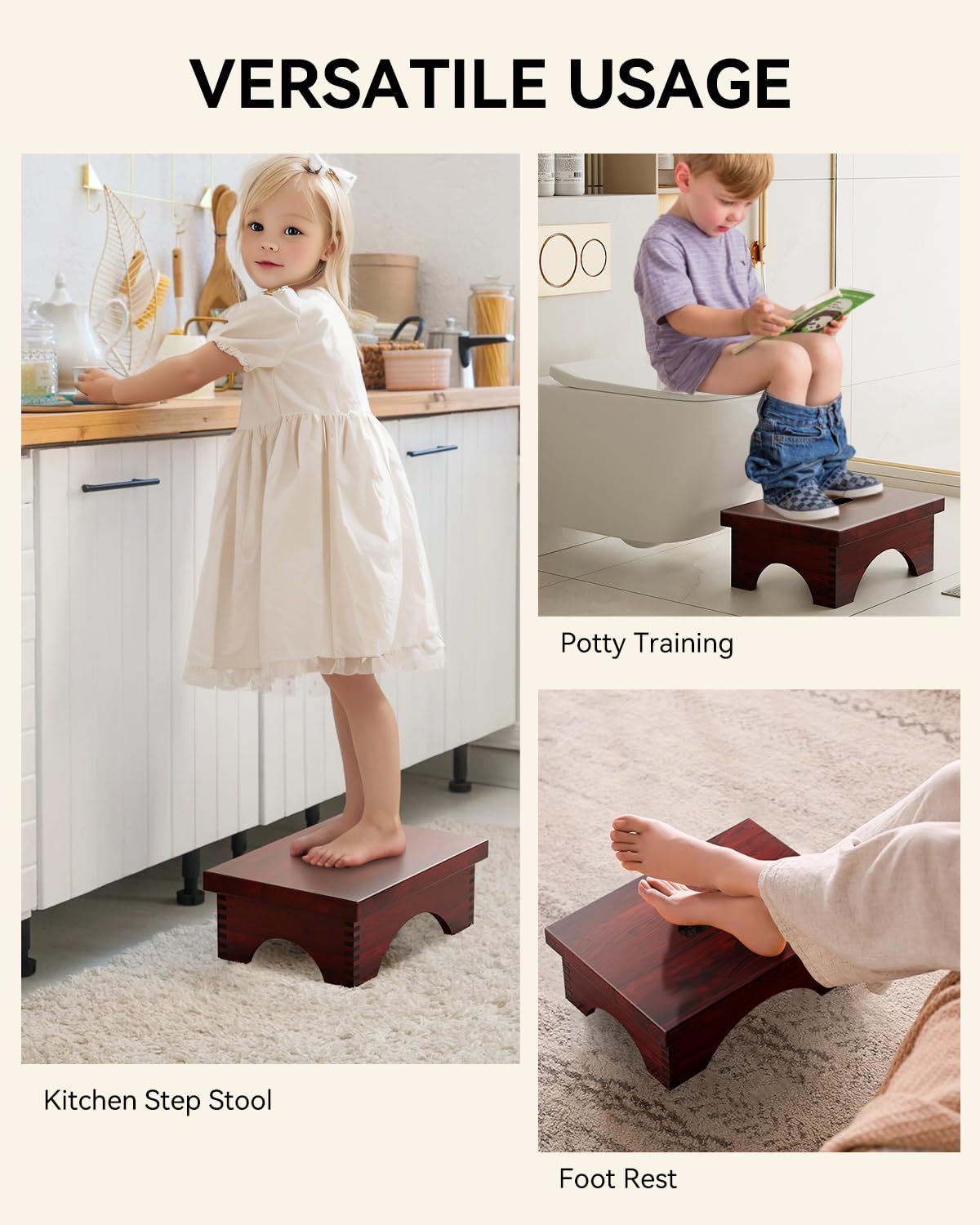 ECROCY Step Stools for Adults Pre-Assembled, Sturdy Foot Stool Lightweight, Portable Wood Step Stool Attractive, Solid Wooden Step Stool with Smooth Finish, Bed Steps for High Beds for Adults ECROCY