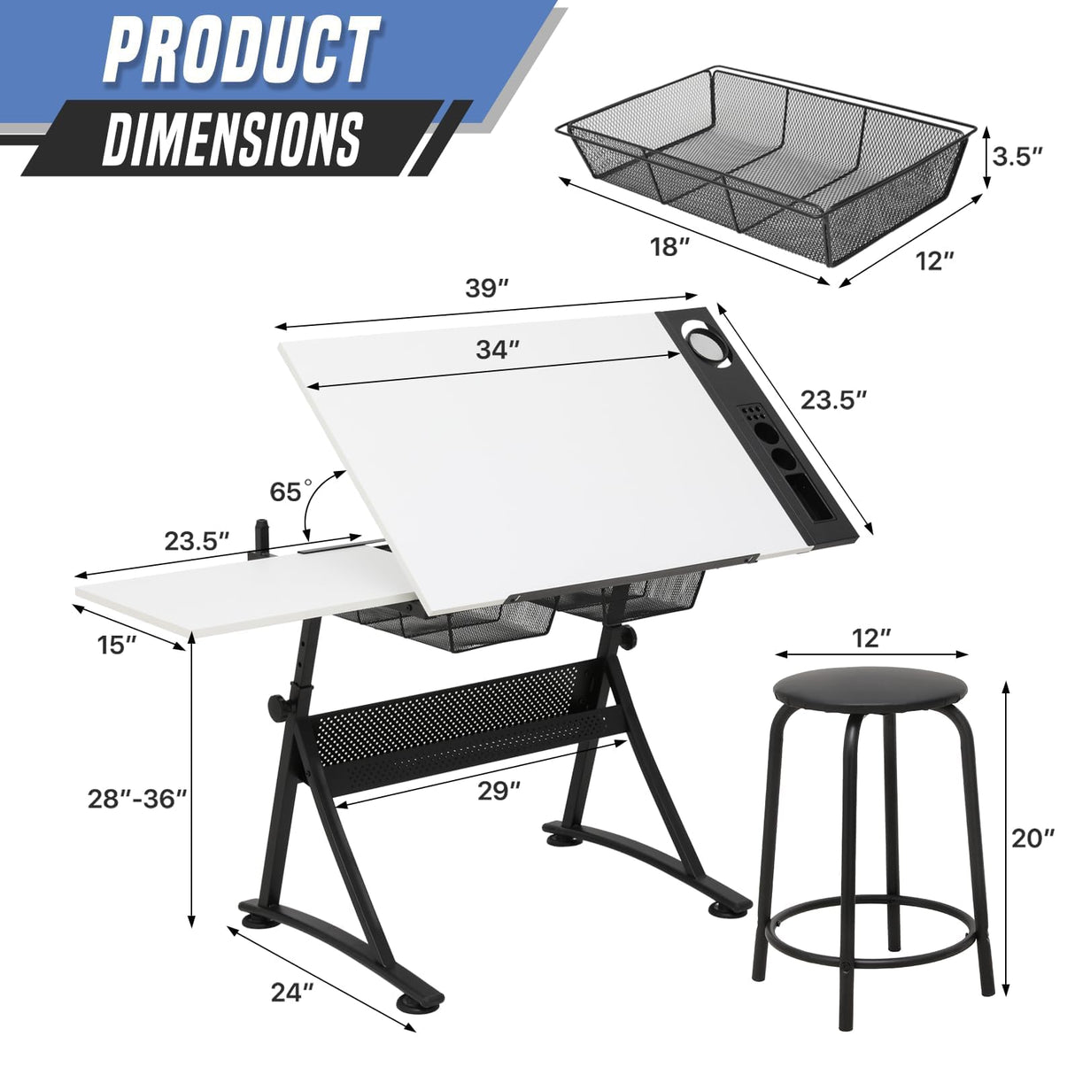 SFIHOME Drafting Table with Height Adjustable Wood Top, Drawing Table with Storage Drawers, Extendable Design, Art Desk Ideal for Drawing, Painting, Writing, Home Office, White SFIHOME