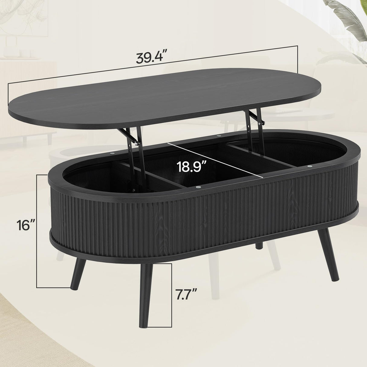 Oval Coffee Table with Storage, Fluted Coffee Table with Lift Top, Small Coffee Tables with Storage, Mid Century Modern Center Table for Living Room Home Office, 39.4", Black Onogefel