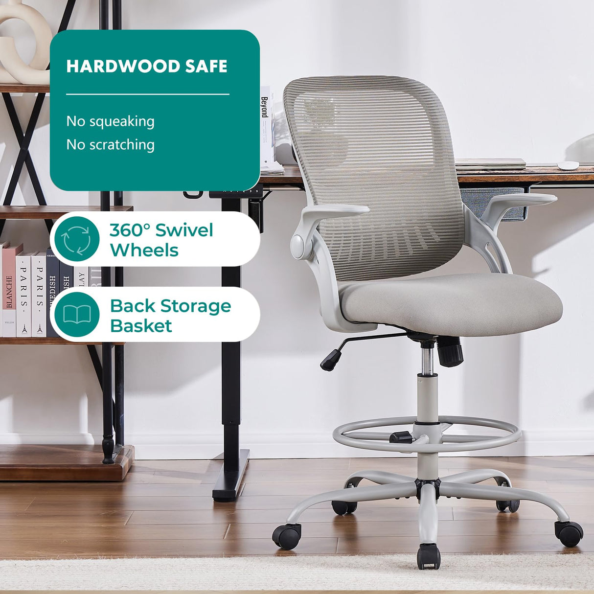 SMUG Drafting Chair, Tall Office Chair Tall Standing Desk Chair Counter Height Adjustable Office Chair with Flip-up Arms, Mid Back Mesh Office Drafting Chair, Grey SMUG