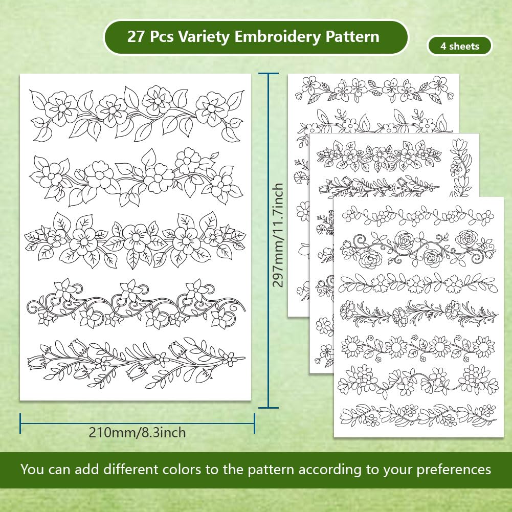 BENECREAT 4 Style 27Pcs Flower Border Water Soluble Hand Sewing Stabilizers, Long Rattan Flowers Tear Away Water Soluble Embroidery Patterns for Carves, Shirts, Coats, Bags, Towels BENECREAT