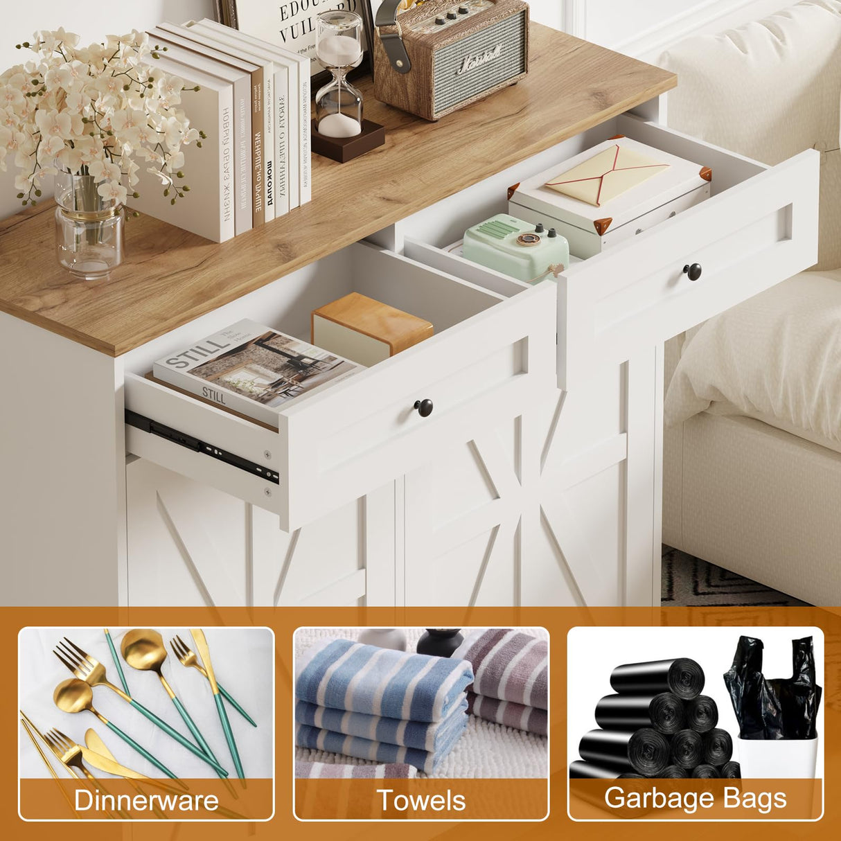 Double Tilt Out Trash Cabinet 20 Gallon,Hidden Wooden Trash Can Cabinet, Farmhouse Laundry Hamper Cabinet with Solid Wood Tabletop & Drawer, Pet Proof Trash Can, Wood Laundry Cabinet GarveeHome