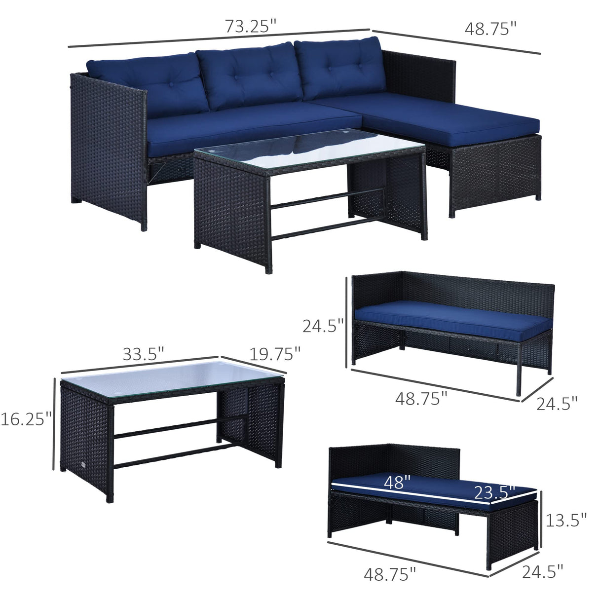 Outsunny 3 Piece Patio Furniture Set, Rattan Outdoor Sofa Set with Chaise Lounge & Loveseat, Soft Cushions, Tempered Glass Table, L-Shaped Sectional Couch, Blue Outsunny