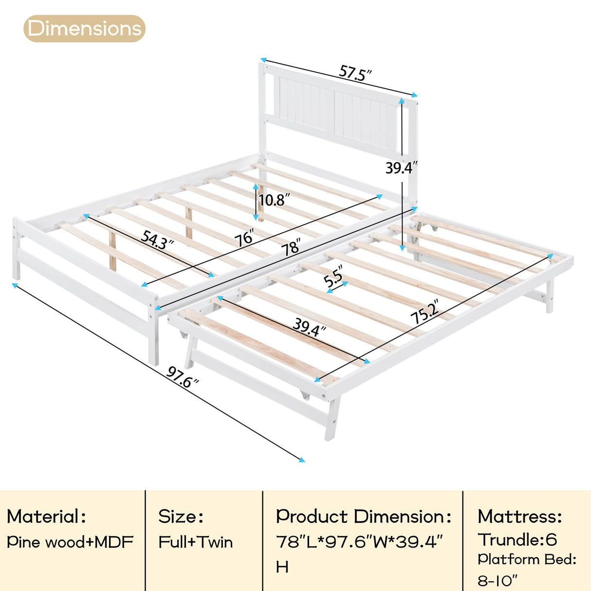 MERITLINE Full Size Bed Frame with Headboard,Wood Full Bed with Adjustable Trundle Bed, Extendable Bed Frame to 2 Beds for Kids Teens Adults (White) MERITLINE