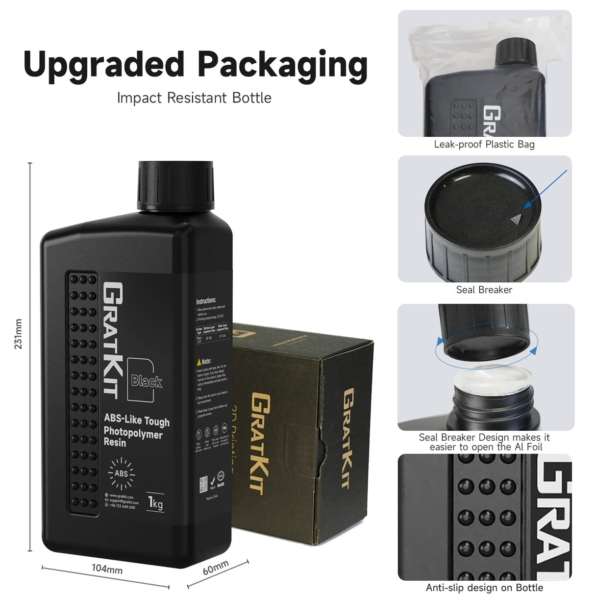 GratKit Upgraded ABS-Like 3D Printer Resin, High Toughness 405nm UV Curing Resin, Scratch Resistant and Compatible with SLA, LCD and DLP Printers for Industrial Parts Printing - 1000g, Black GratKit