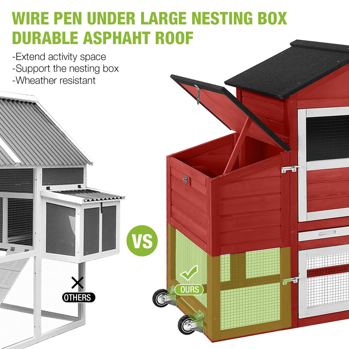 GUTINNEEN Chicken Coop Mobile Chicken House with Wheels Expandable Wooden Hen House 80.7" Outdoor Rabbit Hutch Movable with Large Nesting Box for 2-4 Chickens (Red) GUTINNEEN