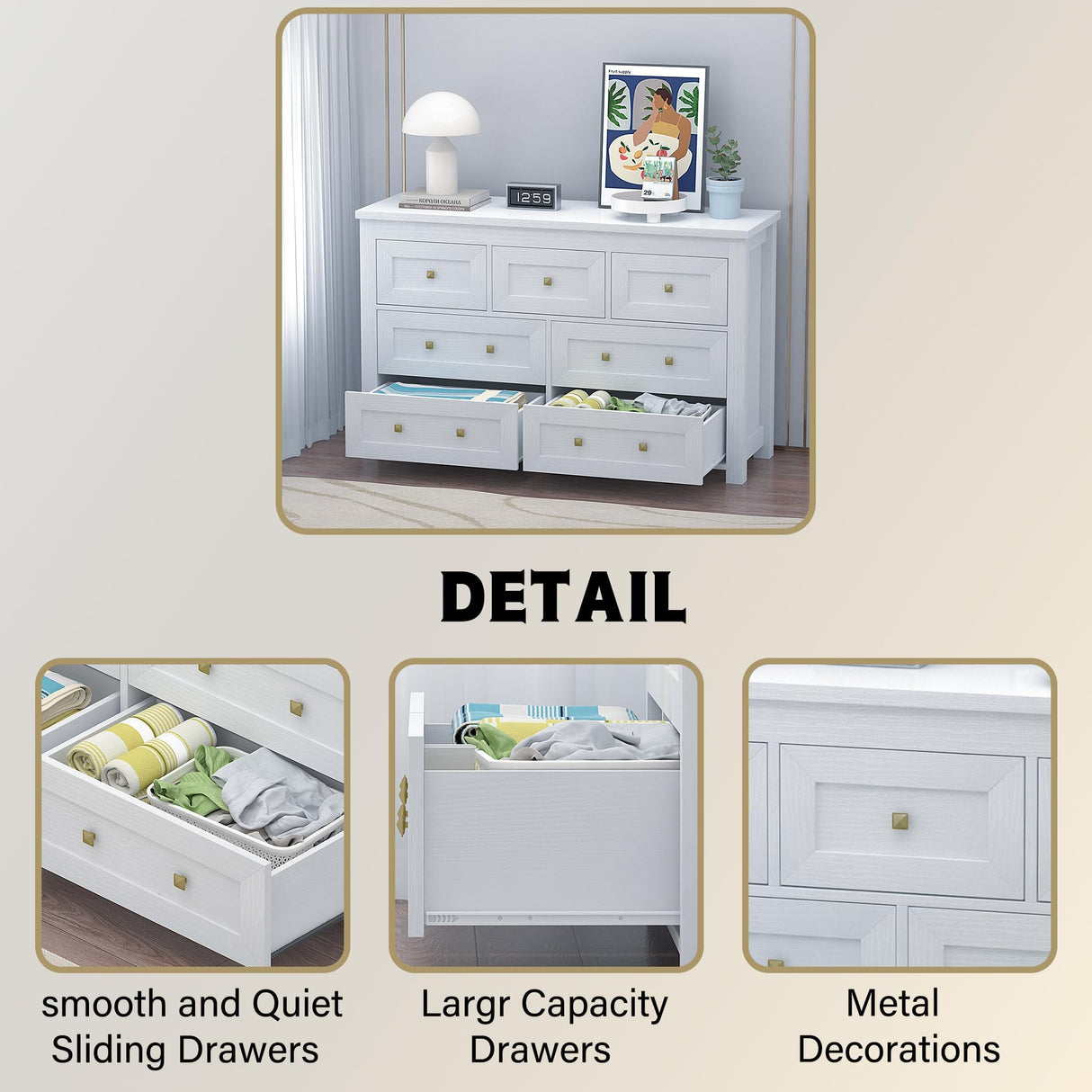 BORNOON 7-Drawer Dresser for Bedroom, Chest of Drawers with Ample Storage, Modern Farmhouse-Style Wooden Dresser for Bedroom, Hallway, Entryway, Closet (White) BORNOON