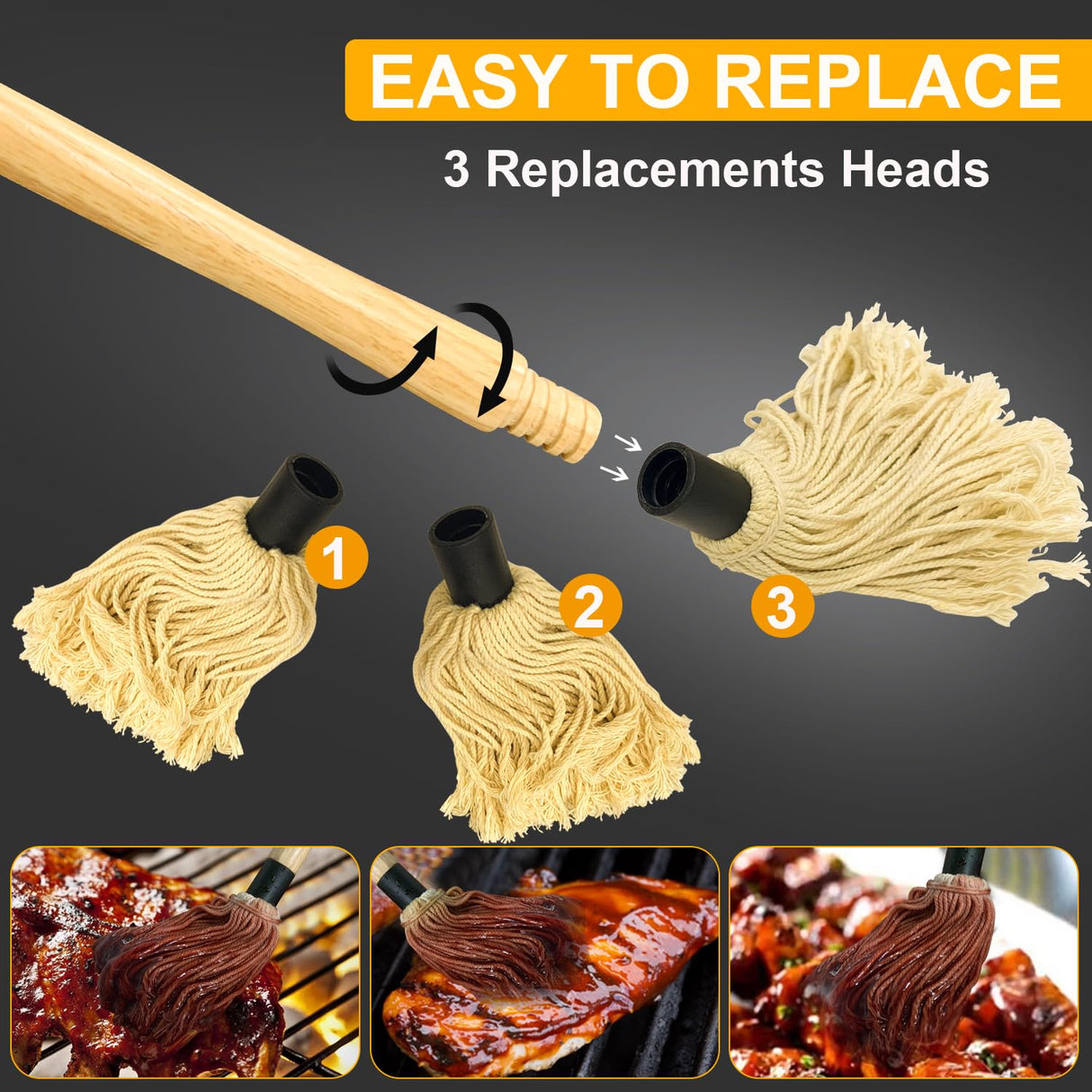 Walfos BBQ Mop Brushes for Sauce, Grilling Basting Mop Wooden Long Handle with 3 Heads, for Grilling, Barbecue, Smoking Steak (18") Walfos