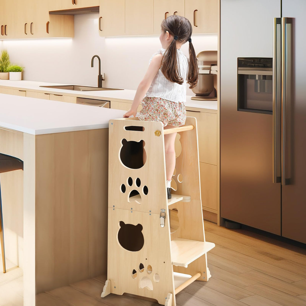 FOBIG Collapsible Toddler Kitchen Step Stool With Chalkboard, Safety Rail, and Standing Tower for Kids 1-3 FOBIG