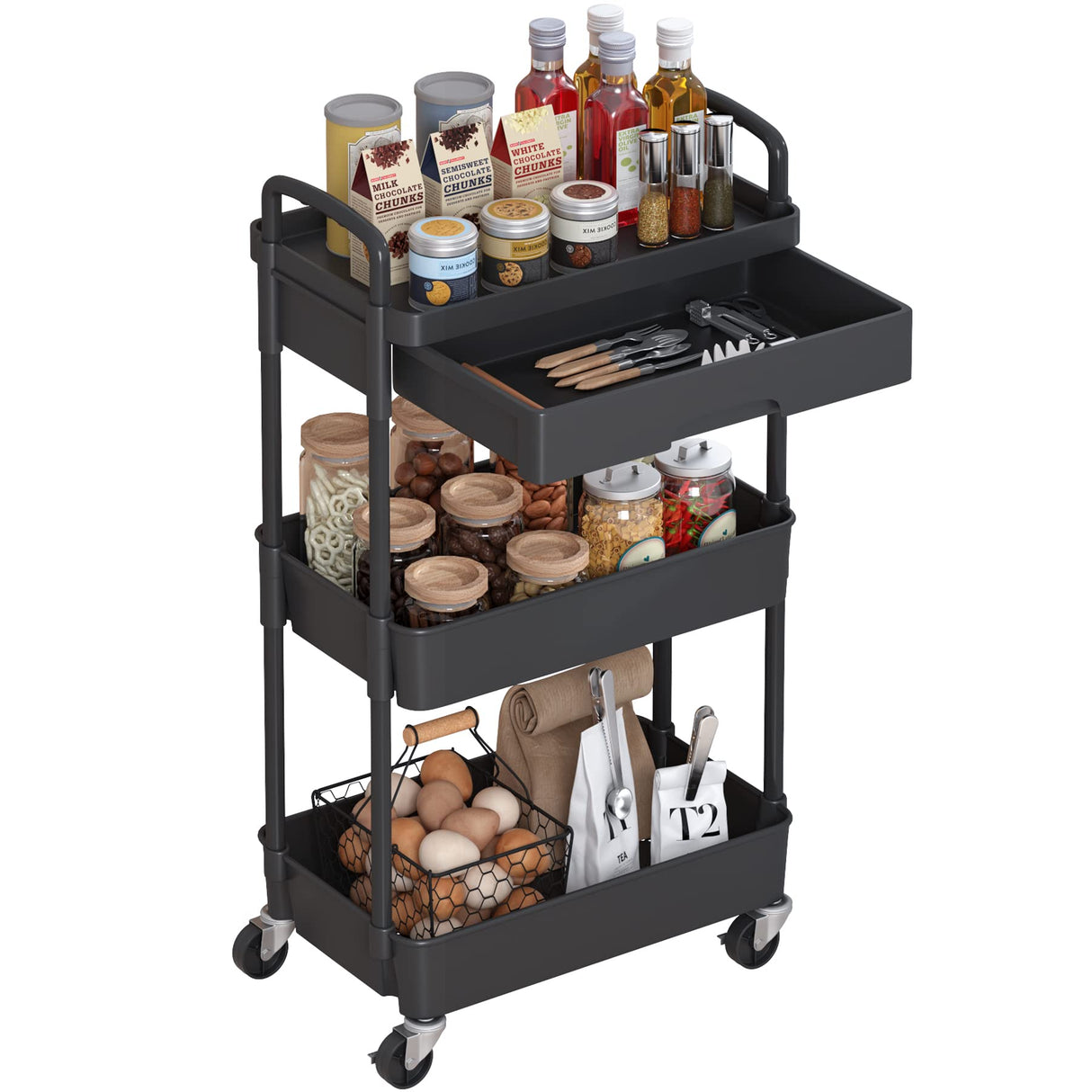 Dttwacoyh 3-Tier Rolling Cart,Trolley with Drawer, Multifunctional Storage Organizer with Plastic Shelf & Metal Wheels, Kitchen Storage Cart for Living Room, Kitchen, Office, Bathroom, Black Dttwacoyh