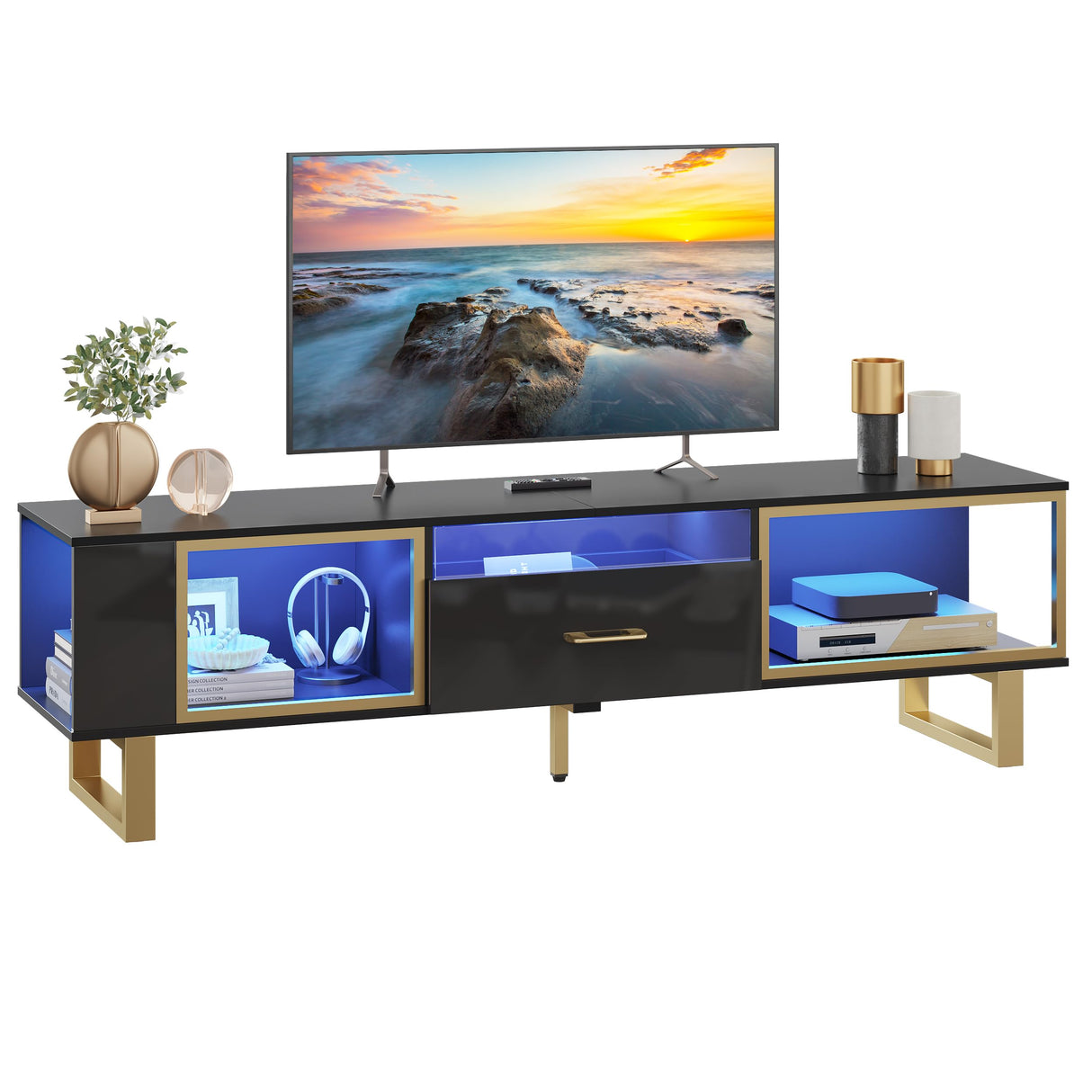 Bestier 70 Inch TV Stand with LED Lights for 75 Inch TV, Entertainment Center with Open Storage and Half-Glass Design Drawer, Modern High Gloss TV Console Table for Living Room, Black and Gold Bestier