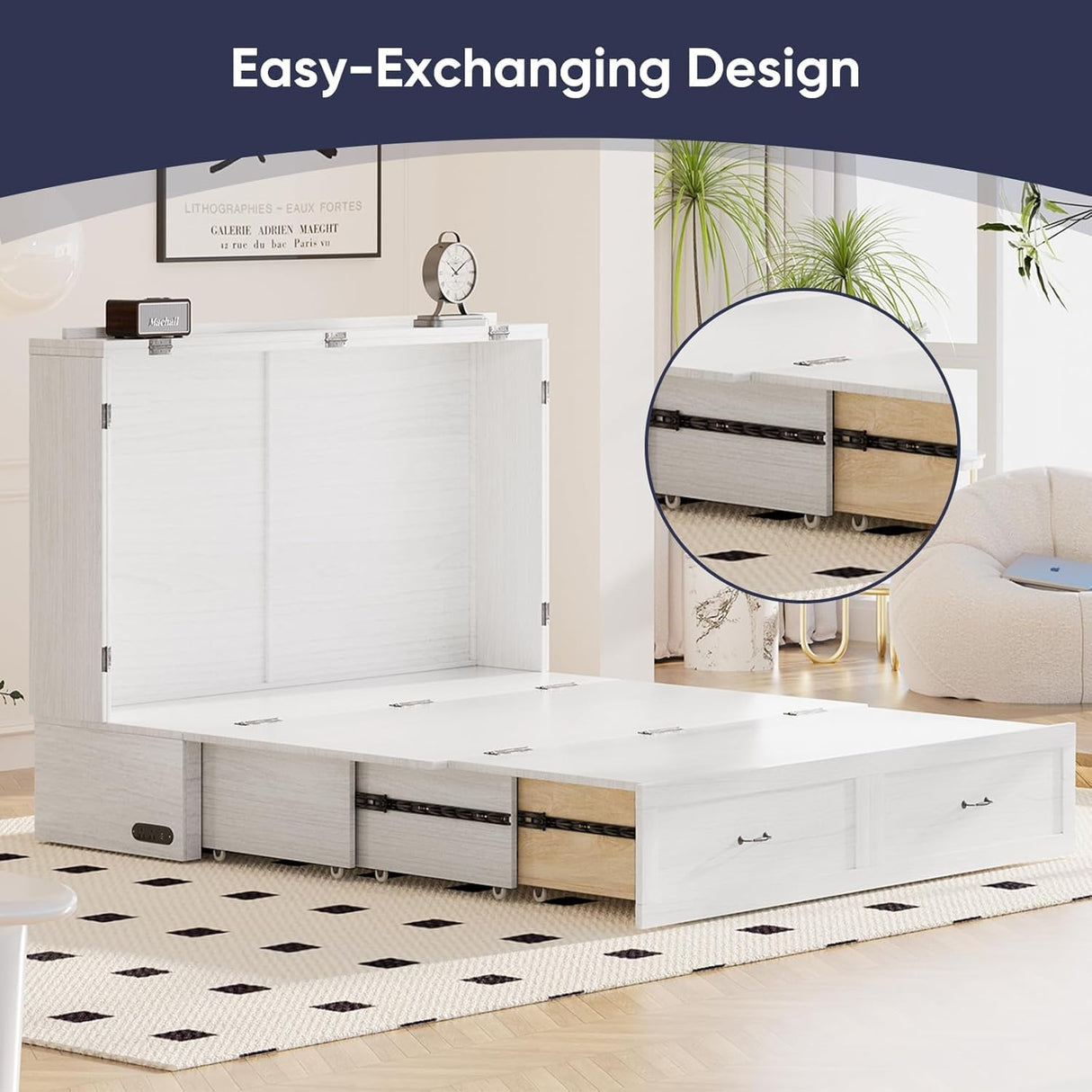 ijuicy Queen Size Murphy Bed with Foldable Foam Mattress, Cube Cabinet Bed with Multifunctional Charging Station & Extra Large Storage Drawers, Space-Saving Hideaway Bed for Guests-Pure White ijuicy