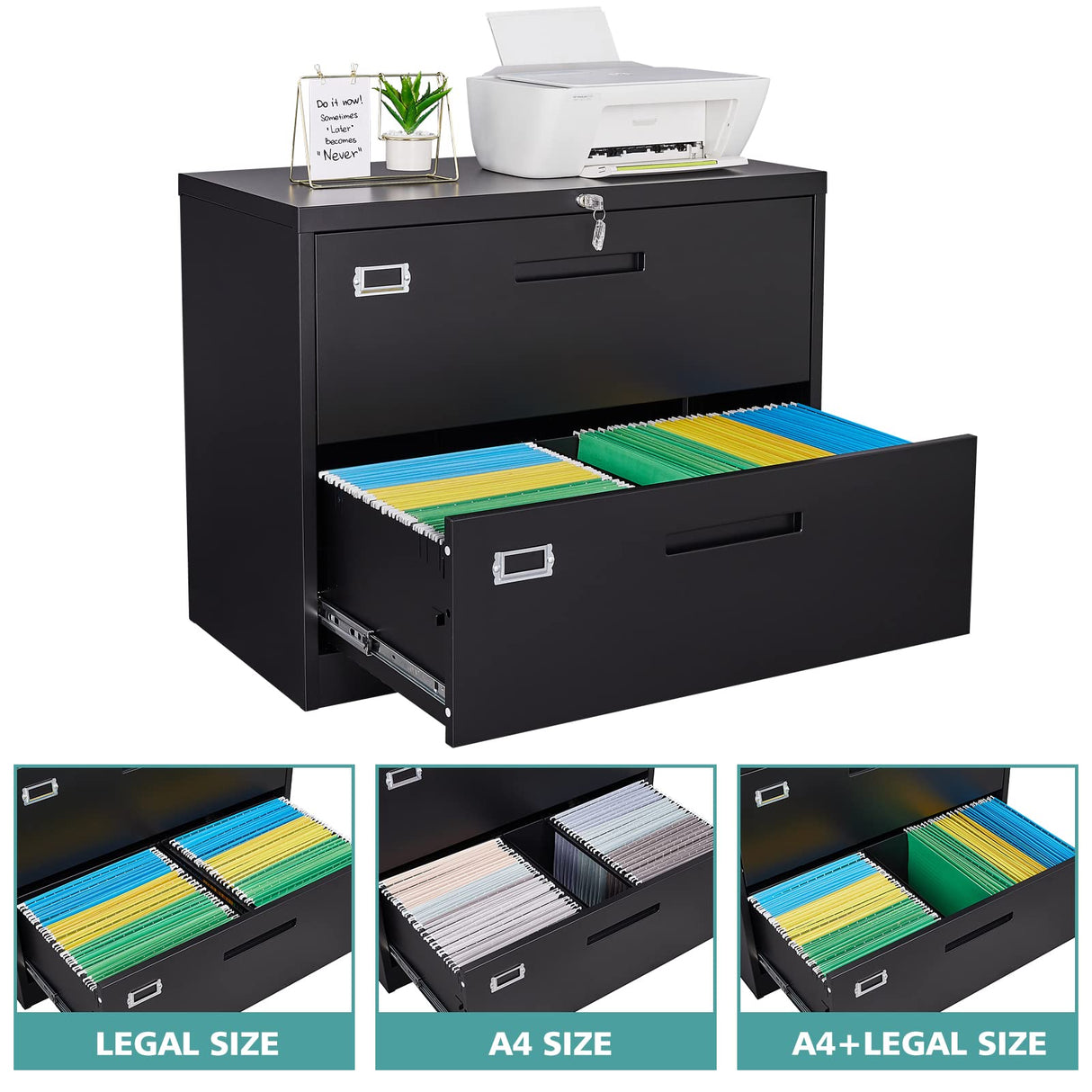 MIIIKO Lateral File Cabinet 2 Drawer, Black Metal File Cabinet with Lock, 35.4" Wide Drawers Storage File Cabinet for Hanging Files Folders Letter/Legal/A4 Size MIIIKO