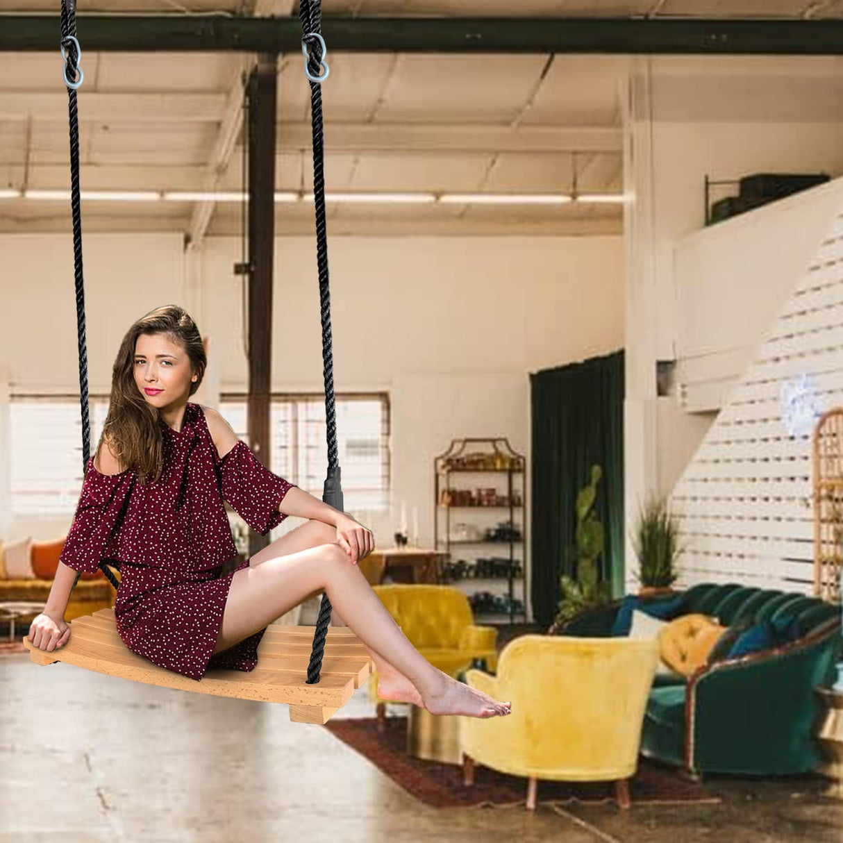 Wooden Tree Swing Adults Kids Indoor Outdoor Adjustable Rope Hanging Wood Swing Set with 2 Carabiner Hooks for Tree Branch Porch Patio Garden (22"x10") Favuit