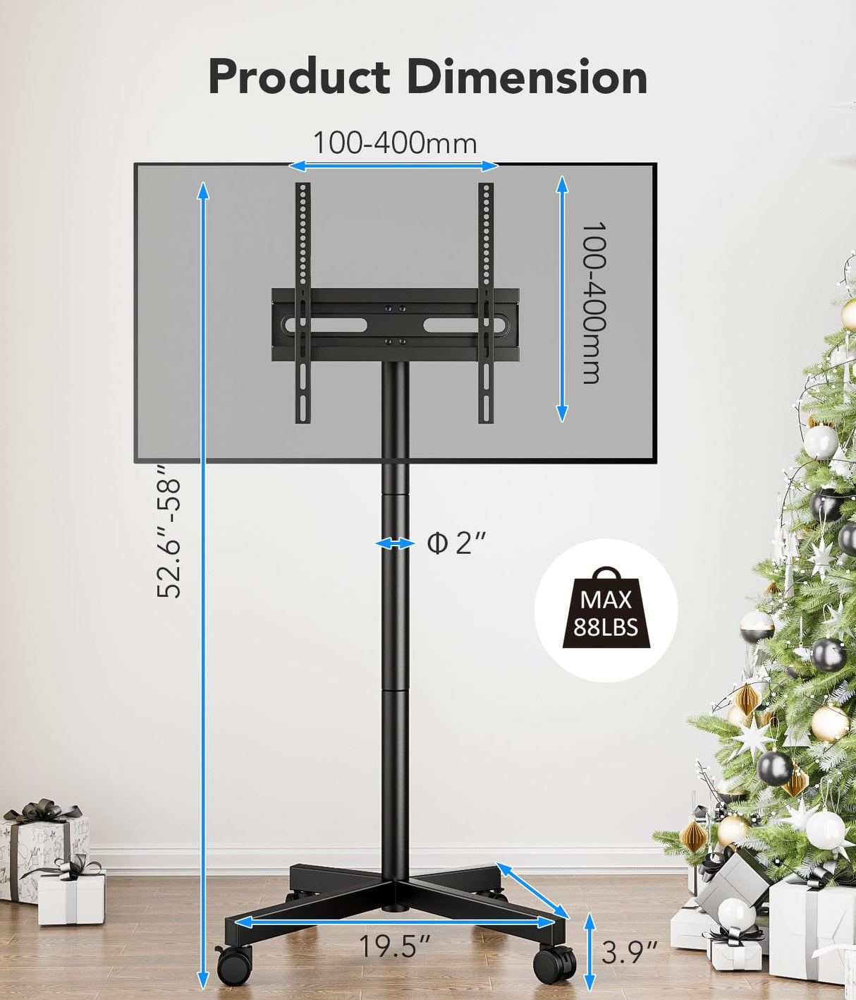 Mobile TV Cart Stand with Wheels for 23-60 Inch LCD LED Flat Curved Screen Outdoor Rolling TV Mount with Height Adjustable Portable Floor Stand Holds up to 88lbs Monitor TV Holder Max VESA 400x400mm AX WABER