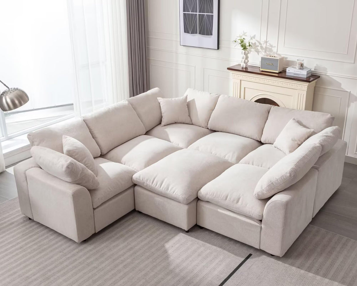 POYISOU Cloud Couches for Living Room, Oversized Modular Sectional Sofa with Ottoman, Large Modern 7 Seater Sofas Comfy Chenille L Shaped Couch for Spacious Space Apartment Lounge, Beige POYISOU
