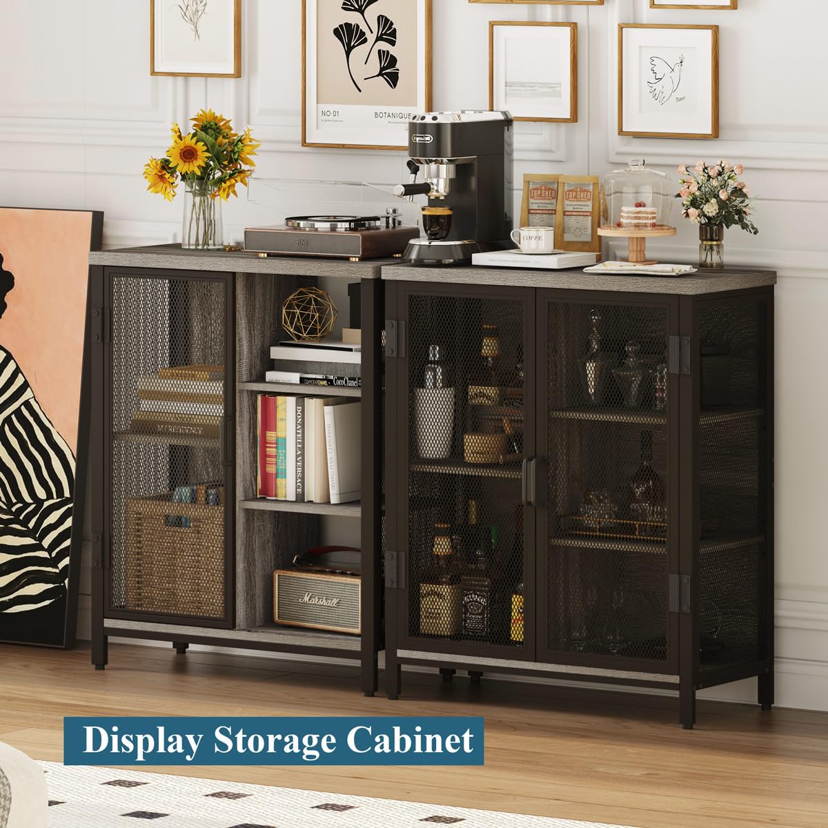 BON AUGURE Small Coffee Bar Cabinet for Liquor, Farmhouse Storage Cabinet with Doors, Wood Sideboard Buffet Cabinets for Home Kitchen, Dining Room, Living Room (Dark Grey Oak) BON AUGURE